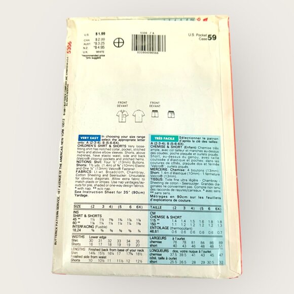 Vintage 1990s Butterick Sewing Pattern 5306 Childrens Shirt Shorts Size 2-4 - Picture 2 of 2